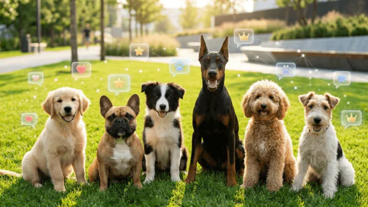 A diverse group of dogs including a Golden Retriever, French Bulldog, and Doberman sitting on grass with floating digital icons representing the most popular dog names of 2026.