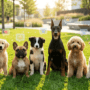 A diverse group of dogs including a Golden Retriever, French Bulldog, and Doberman sitting on grass with floating digital icons representing the most popular dog names of 2026.