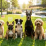 A diverse group of dogs including a Golden Retriever, French Bulldog, and Doberman sitting on grass with floating digital icons representing the most popular dog names of 2026.
