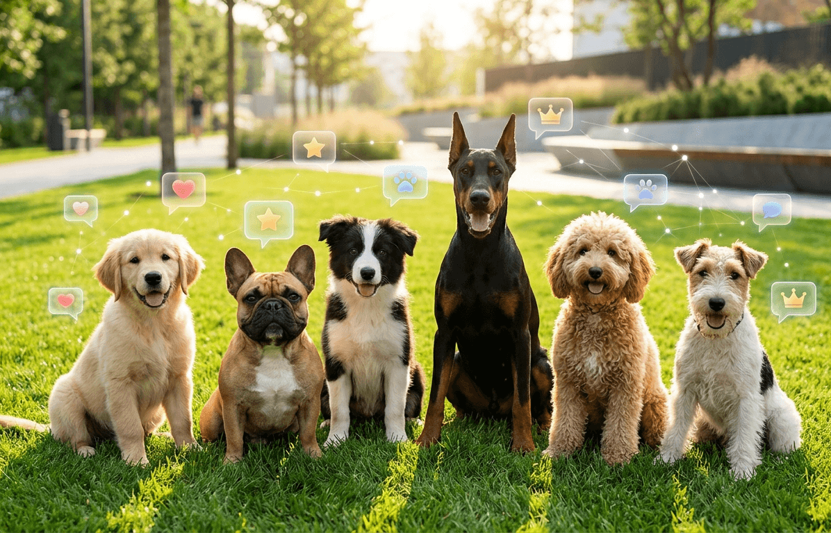 A diverse group of dogs including a Golden Retriever, French Bulldog, and Doberman sitting on grass with floating digital icons representing the most popular dog names of 2026.