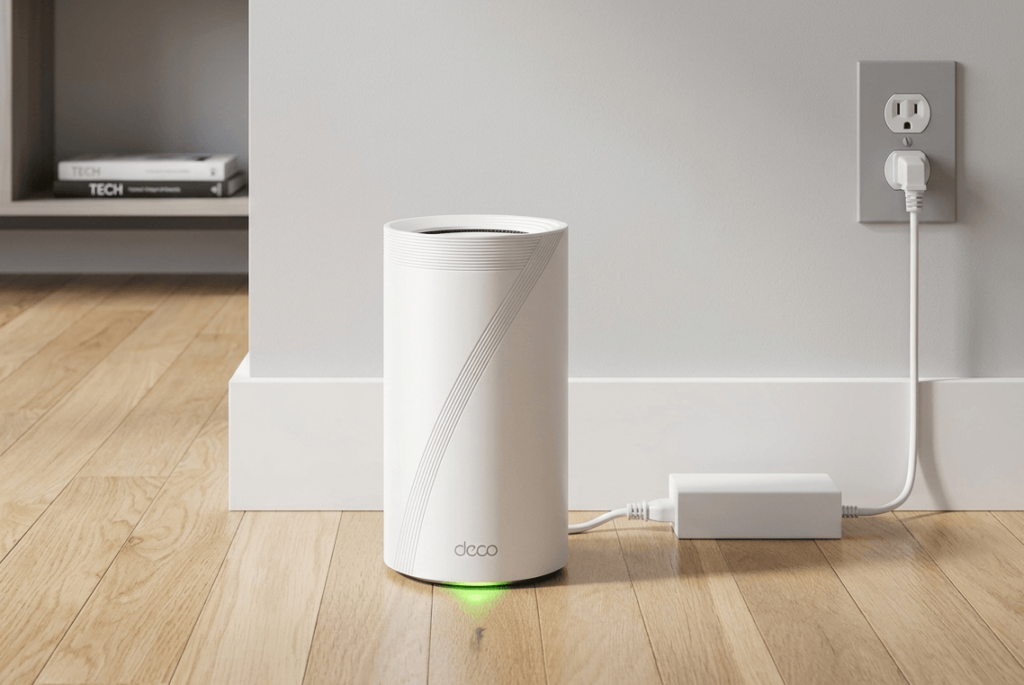 A white cylindrical TP-Link Deco mesh WiFi router sitting on a wooden floor, plugged into a grey wall outlet with a glowing green status light at the base.