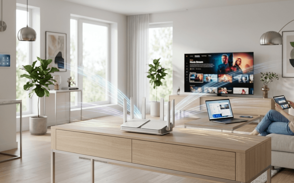 A sleek white WiFi 7 router in a modern living room with digital signal lines connecting to a laptop and smart TV.