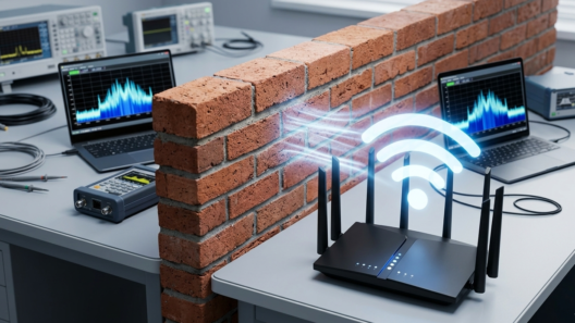 A professional technical setup showing a WiFi 7 router testing signal penetration through a thick brick wall barrier.