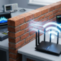 A professional technical setup showing a WiFi 7 router testing signal penetration through a thick brick wall barrier.