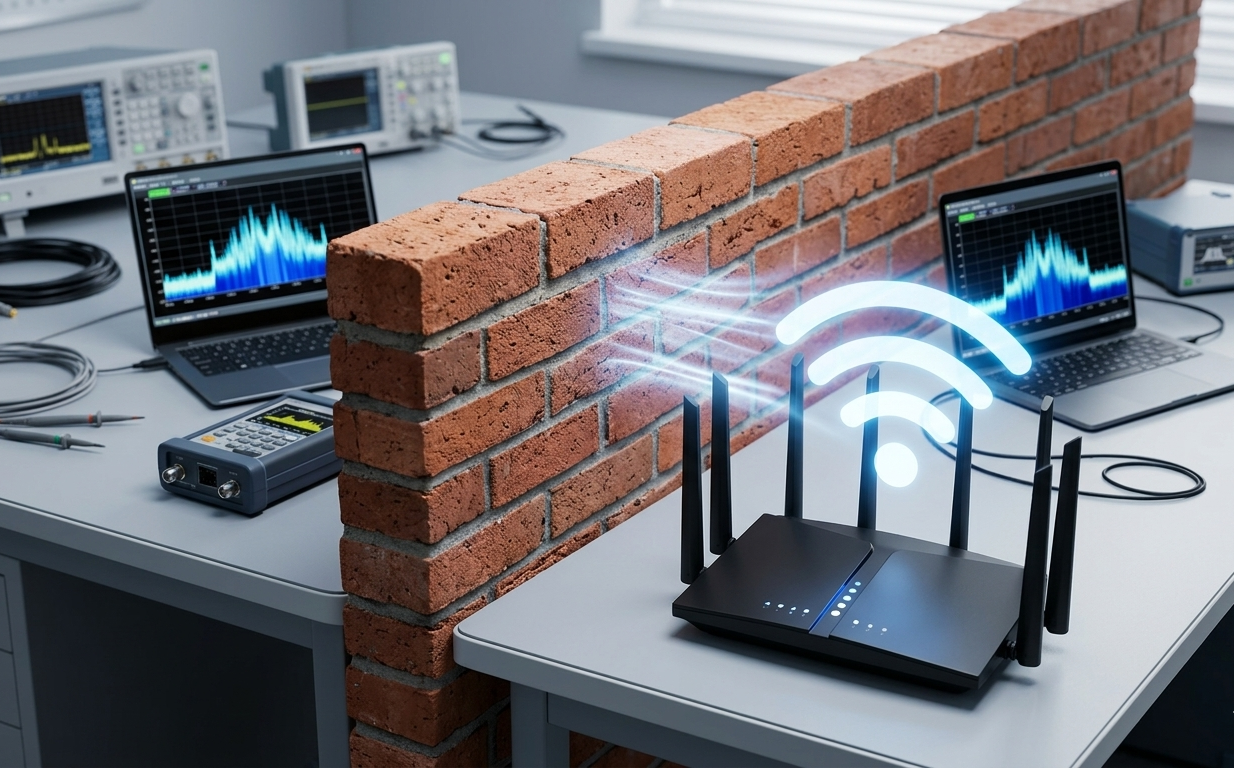 A professional technical setup showing a WiFi 7 router testing signal penetration through a thick brick wall barrier.