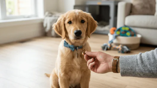 A cute Golden Retriever puppy wearing a blue bow tie sits calmly on a wooden floor, looking directly at the camera, waiting for a treat from a person's hand.