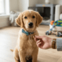 A cute Golden Retriever puppy wearing a blue bow tie sits calmly on a wooden floor, looking directly at the camera, waiting for a treat from a person's hand.