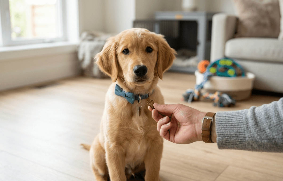 A cute Golden Retriever puppy wearing a blue bow tie sits calmly on a wooden floor, looking directly at the camera, waiting for a treat from a person's hand.