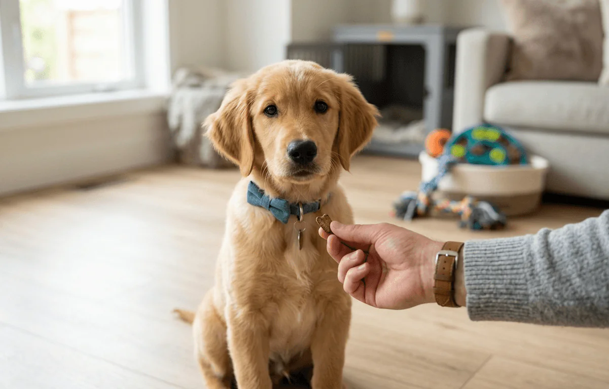 A cute Golden Retriever puppy wearing a blue bow tie sits calmly on a wooden floor, looking directly at the camera, waiting for a treat from a person's hand.