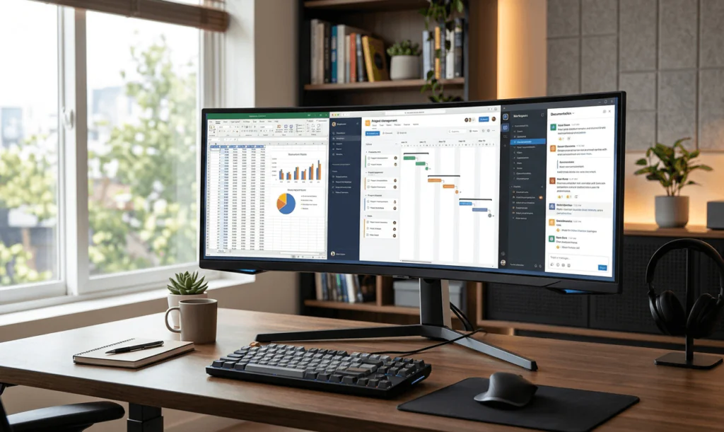 A curved ultrawide monitor on a wooden desk displaying multiple productivity windows including a spreadsheet and project management dashboard in a modern home office.