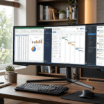 A curved ultrawide monitor on a wooden desk displaying multiple productivity windows including a spreadsheet and project management dashboard in a modern home office.