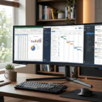 A curved ultrawide monitor on a wooden desk displaying multiple productivity windows including a spreadsheet and project management dashboard in a modern home office.