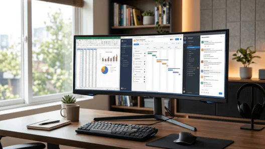 A curved ultrawide monitor on a wooden desk displaying multiple productivity windows including a spreadsheet and project management dashboard in a modern home office.