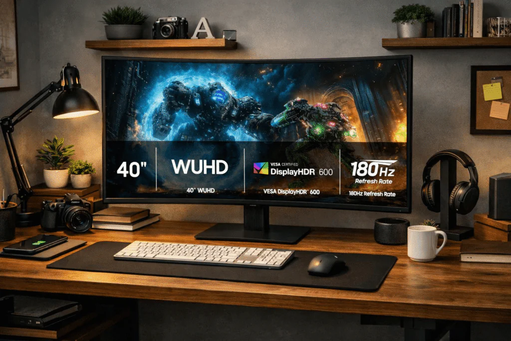 Modern workspace featuring a Samsung curved ultrawide monitor on a wooden desk with keyboard, mouse, desk lamp, headphones, camera, plants and warm ambient lighting.