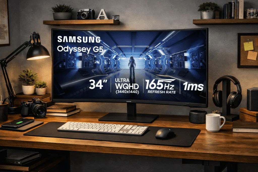 Modern desk workspace with a Samsung Odyssey G5 curved gaming monitor, keyboard, mouse, desk lamp, headphones, camera, indoor plants and warm ambient lighting.