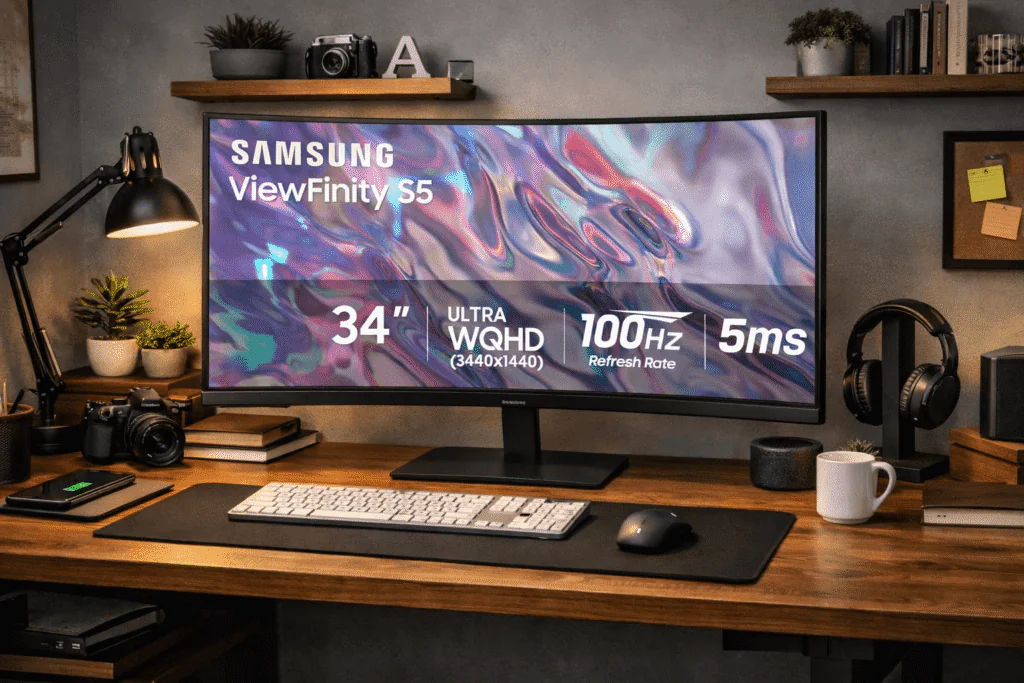 Modern home office workspace with a Samsung ViewFinity S5 ultrawide monitor on a wooden desk, paired with a keyboard, mouse, desk lamp, headphones, camera, books and indoor plants.