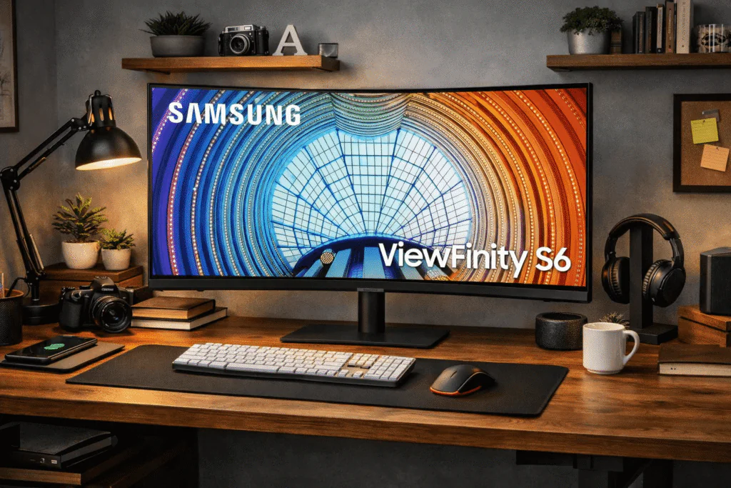 Modern workspace with a Samsung ViewFinity S6 ultrawide monitor on a wooden desk, paired with a keyboard, mouse, desk lamp, books, headphones, plants and warm ambient lighting.