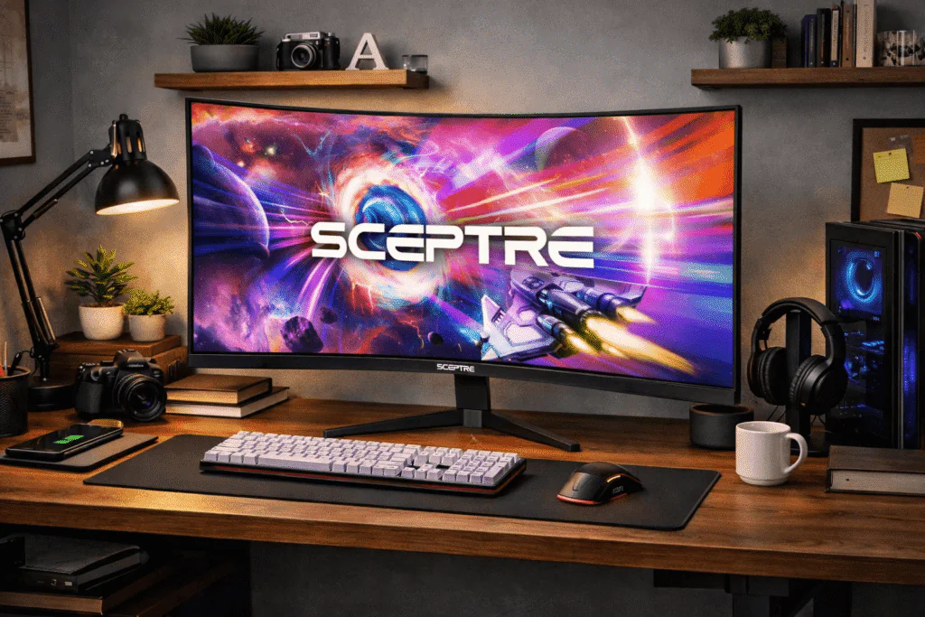 Modern gaming workspace with a Sceptre curved monitor on a wooden desk, featuring a mechanical keyboard, gaming mouse, PC tower, headphones, desk lamp, camera, books and indoor plants.
