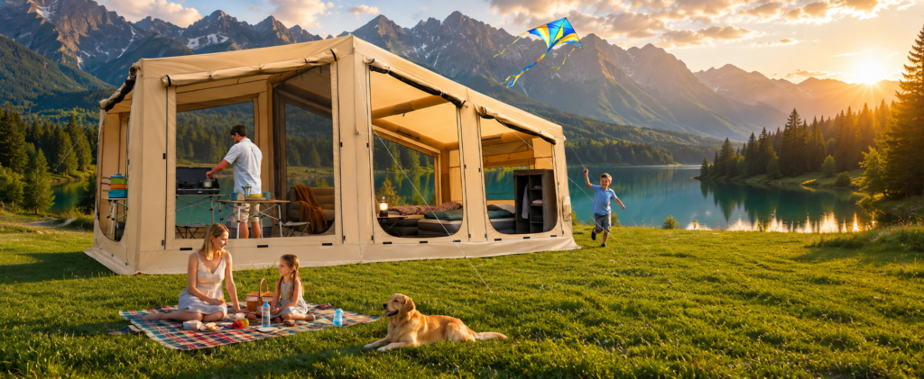 Family enjoying lakeside camping with a large inflatable tent on a green hillside, child flying a kite and mother picnicking with daughter and dog at golden sunset