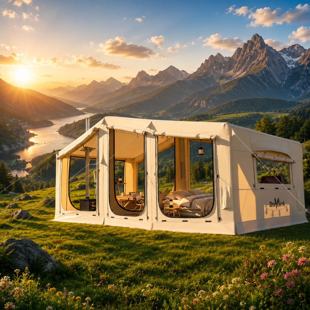 Inflatable tent for camping set up on a green hillside with stunning mountain and lake views at golden sunset