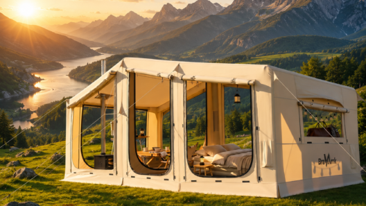 Inflatable tent for camping set up on a green hillside with stunning mountain and lake views at golden sunset