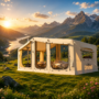 Inflatable tent for camping set up on a green hillside with stunning mountain and lake views at golden sunset